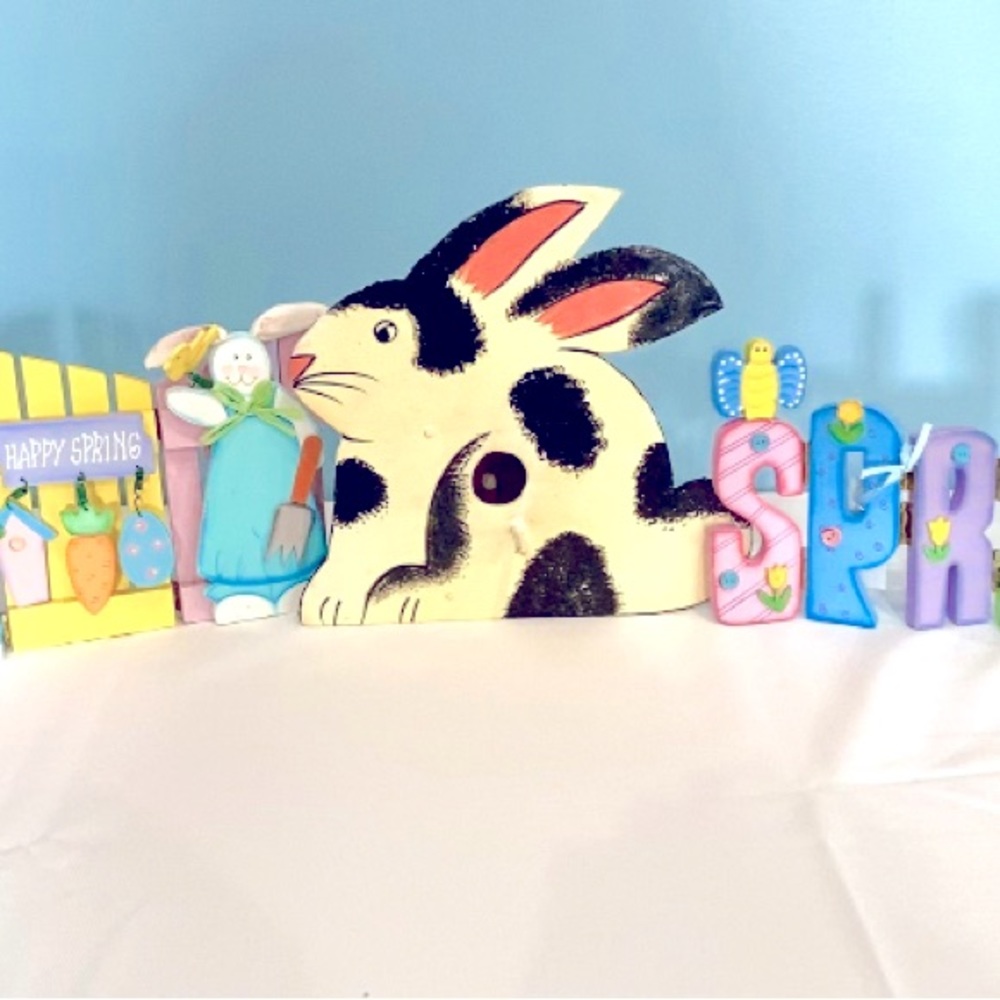 Spring Easter Decor 3 Pieces Rabbit Birdhouse Wood Signs